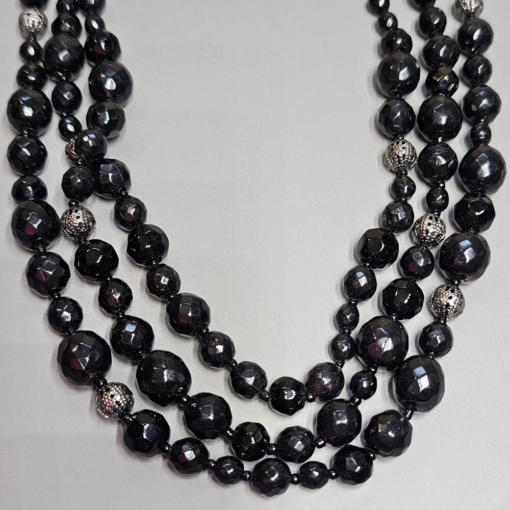 Black Triple Strand Faceted Glass Beaded Necklace Silvertone Accents Adjustable